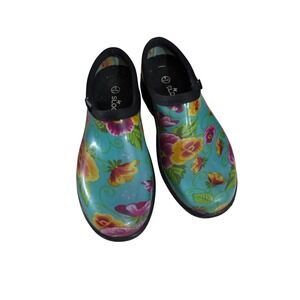 Sloggers Womens Floral Garden Shoes Waterproof Slip On Clogs Teal Blue Size 9